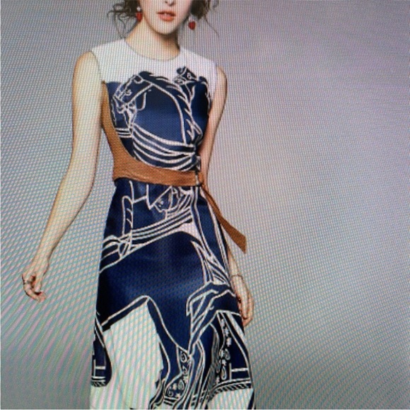 New White and Navy Horse-Belt -accent Midi dress | size S - Picture 7 of 8